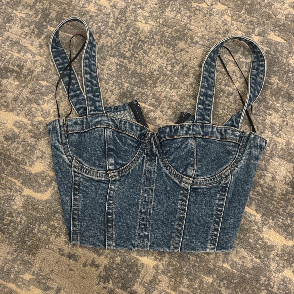 Alice + Olivia Blue Denim Crop Top Corset